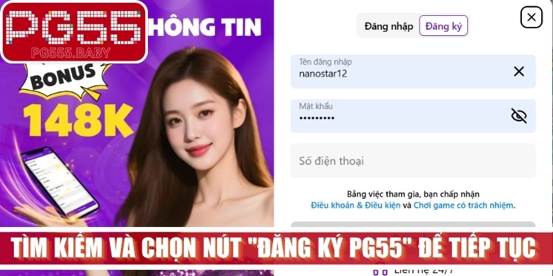 Tìm kiếm và chọn nút "Đăng ký PG55" để tiếp tục thao tác chuẩn